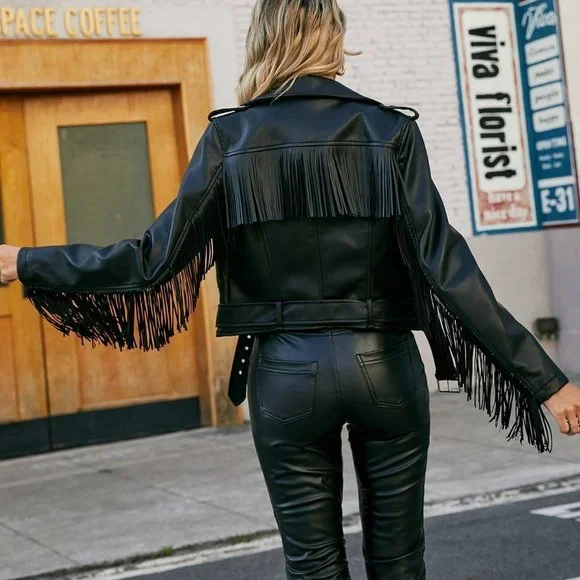 Black Casual Womens Fringe Trim Belted PU Leather Moto Jacket - Picture 2 of 5